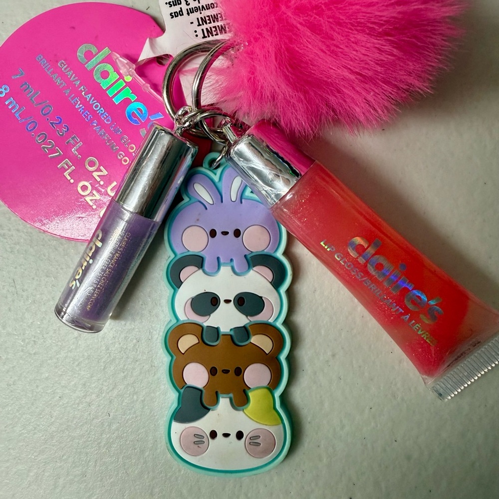 Claire's Squish ‘Em ADORABLE Animal Keychain with 2 Lip Glosses & Pink Pom Pom